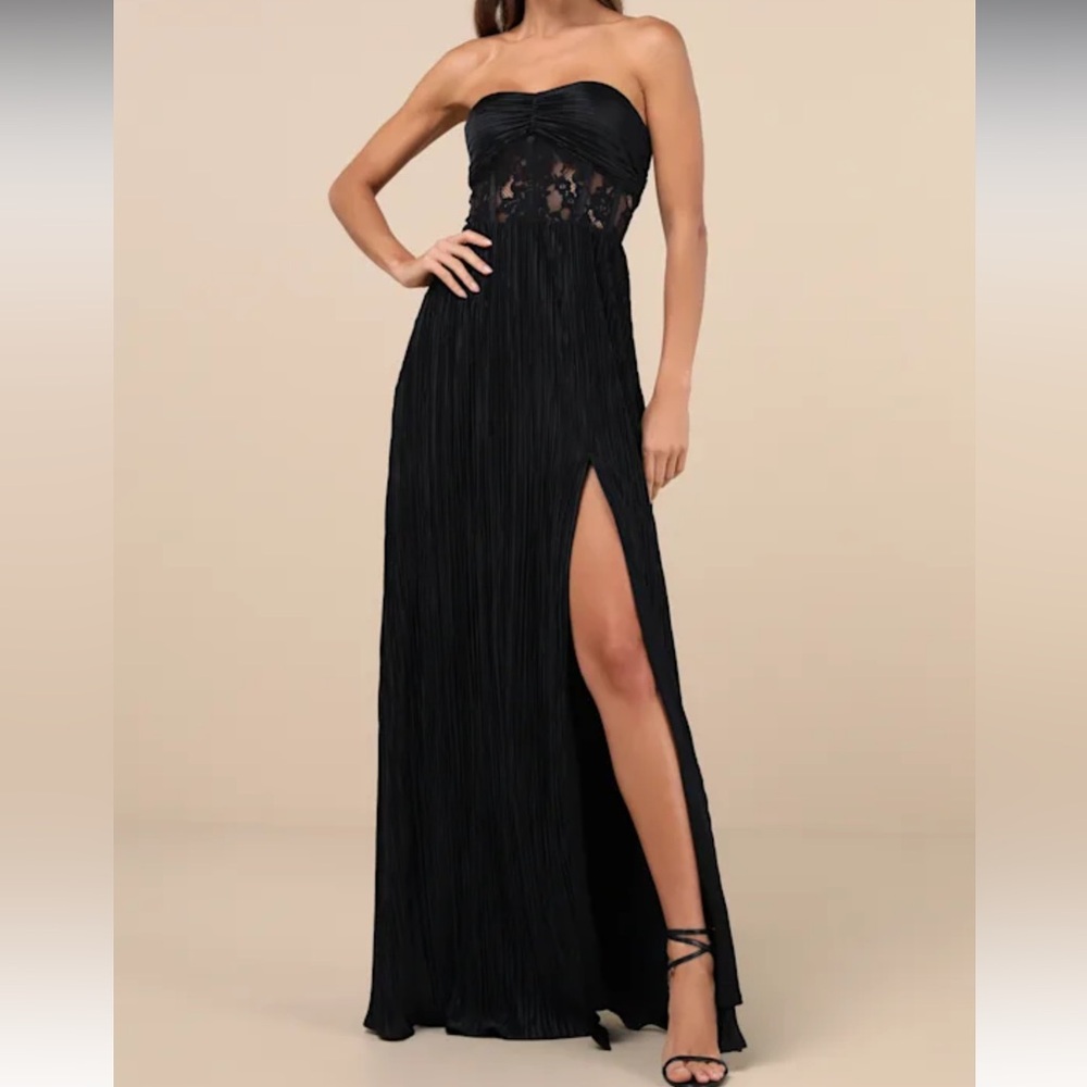NWT Lulus Desme Black Satin Plisse Strapless Maxi Dress